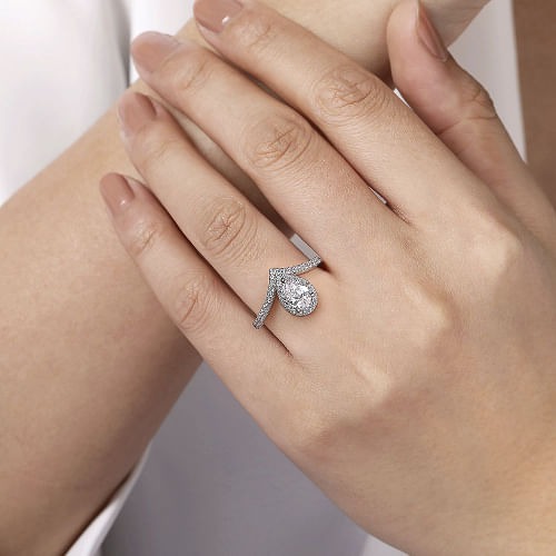 White Gold Pear Shaped Halo Chevron Engagement Ring