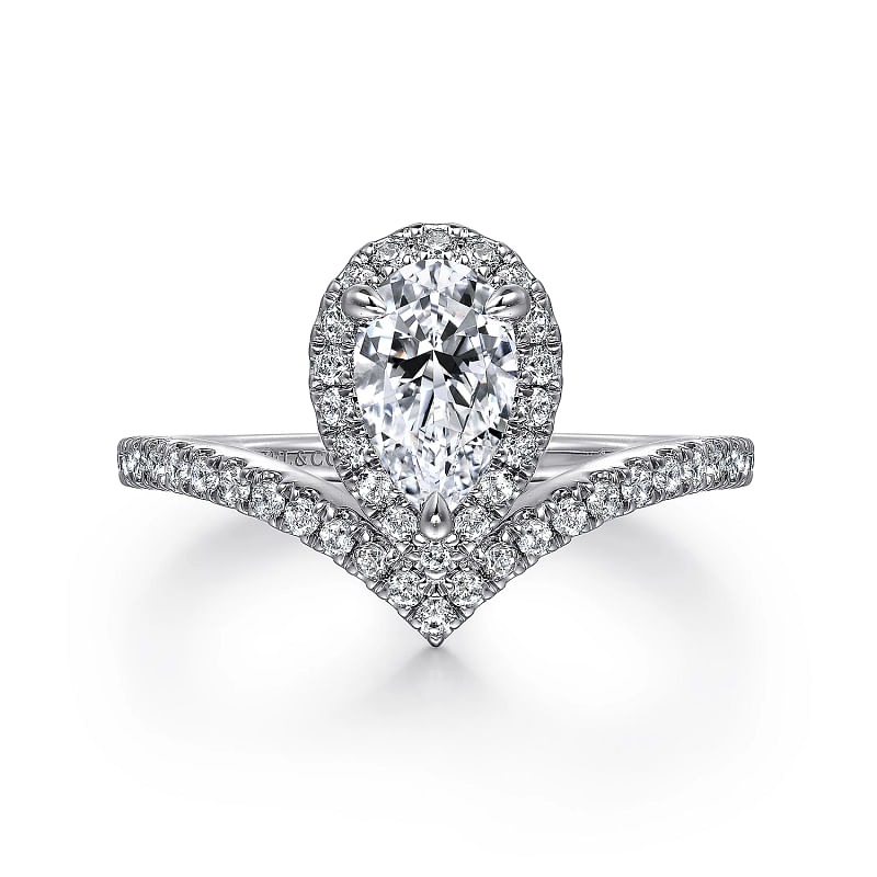 White Gold Pear Shaped Halo Chevron Engagement Ring