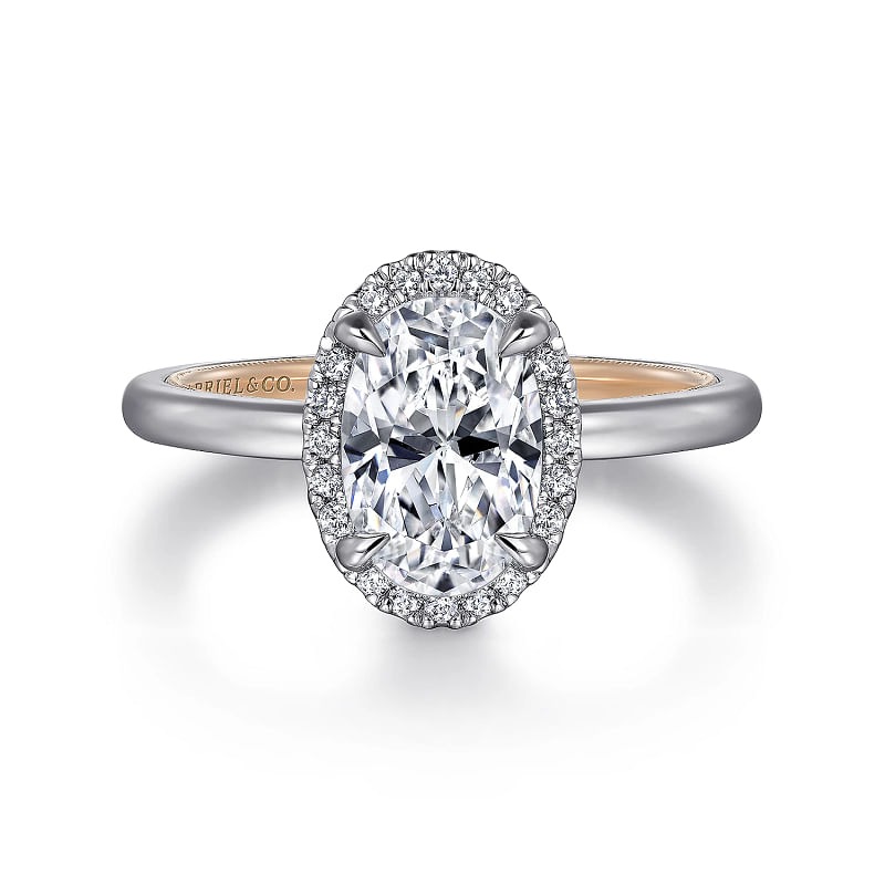 White and Rose Gold Oval Halo Diamond Engagement Ring l GABRIEL & CO.