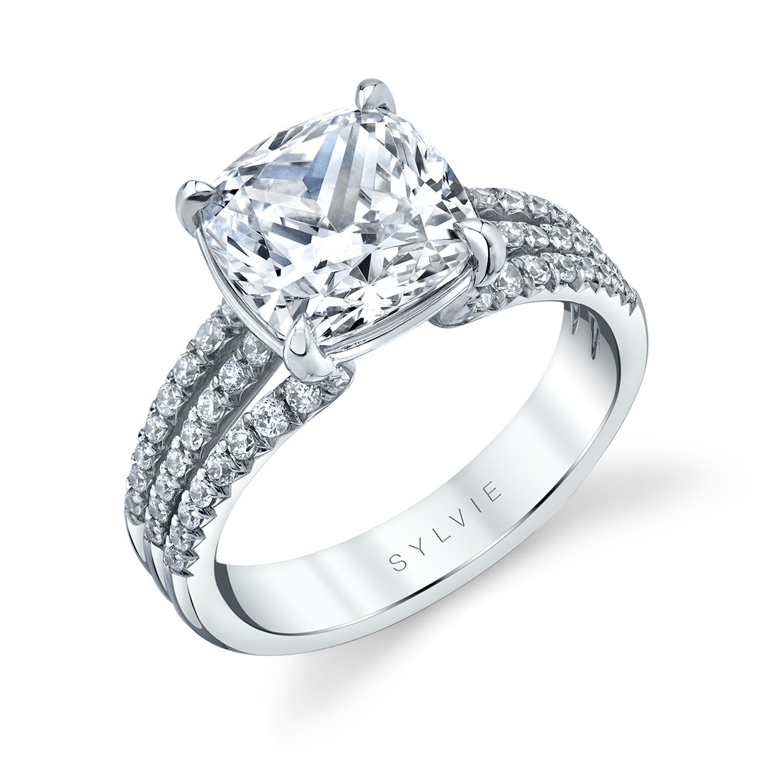 White Gold Cushion Cut Split Shank Engagement Ring l SYLVIE