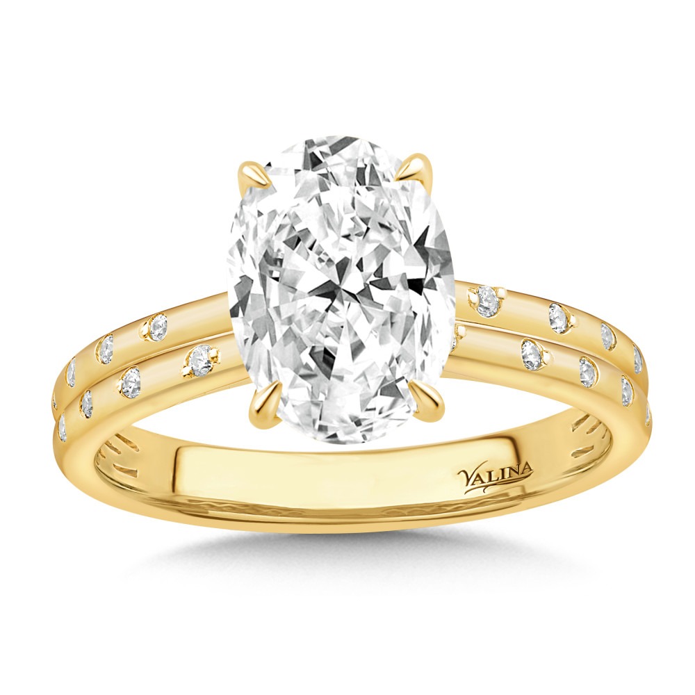 Yellow Gold Oval-cut and 1/10ctw Double Row Round Diamond Engagement Ring
