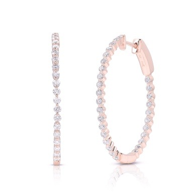Rose Gold Shared Single Prong Set Oval Inside Out Diamond Hoop Earrings Premier Large 1.50 TCW
