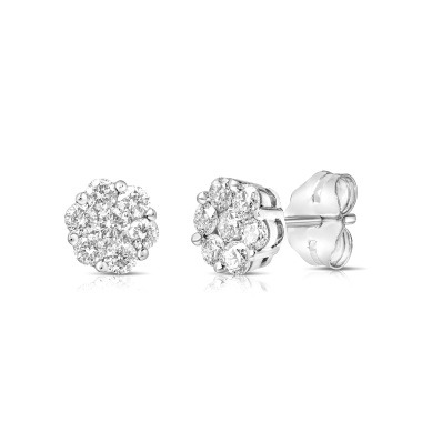 White Gold Flower Cluster Diamond Stud Earring Small .50 TCW