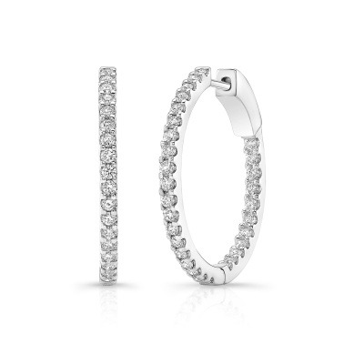14K White Gold Prong Set Round Diamond Hoop Earrings Premier Medium 1.00 TCW