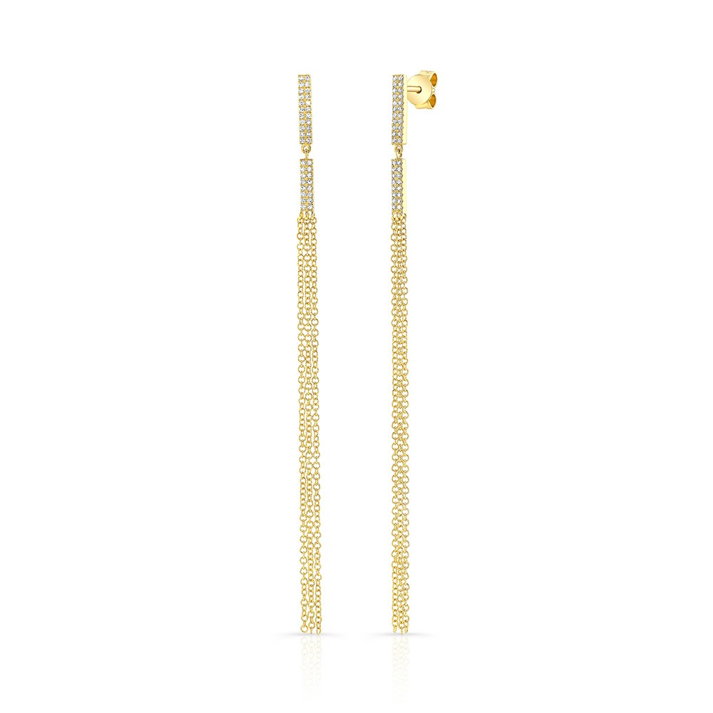 Yellow Gold Diamond Dangling Tassel Bar Earrings