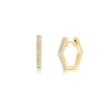Yellow Gold 1/10ctw Diamond Pave Hexagon Hoop Earrings