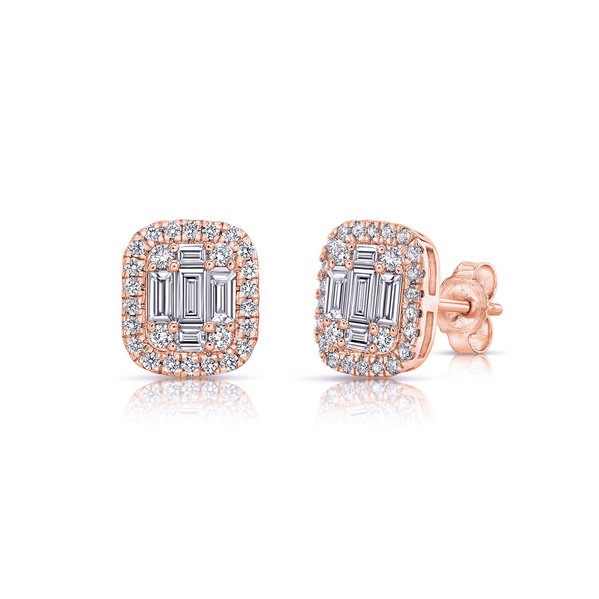 Rose Gold 3/4ctw Diamond Baguette Cluster Halo Stud Earrings