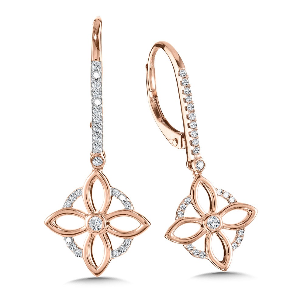Rose Gold Round Diamond Floral Drop Earrings 1/5ctw