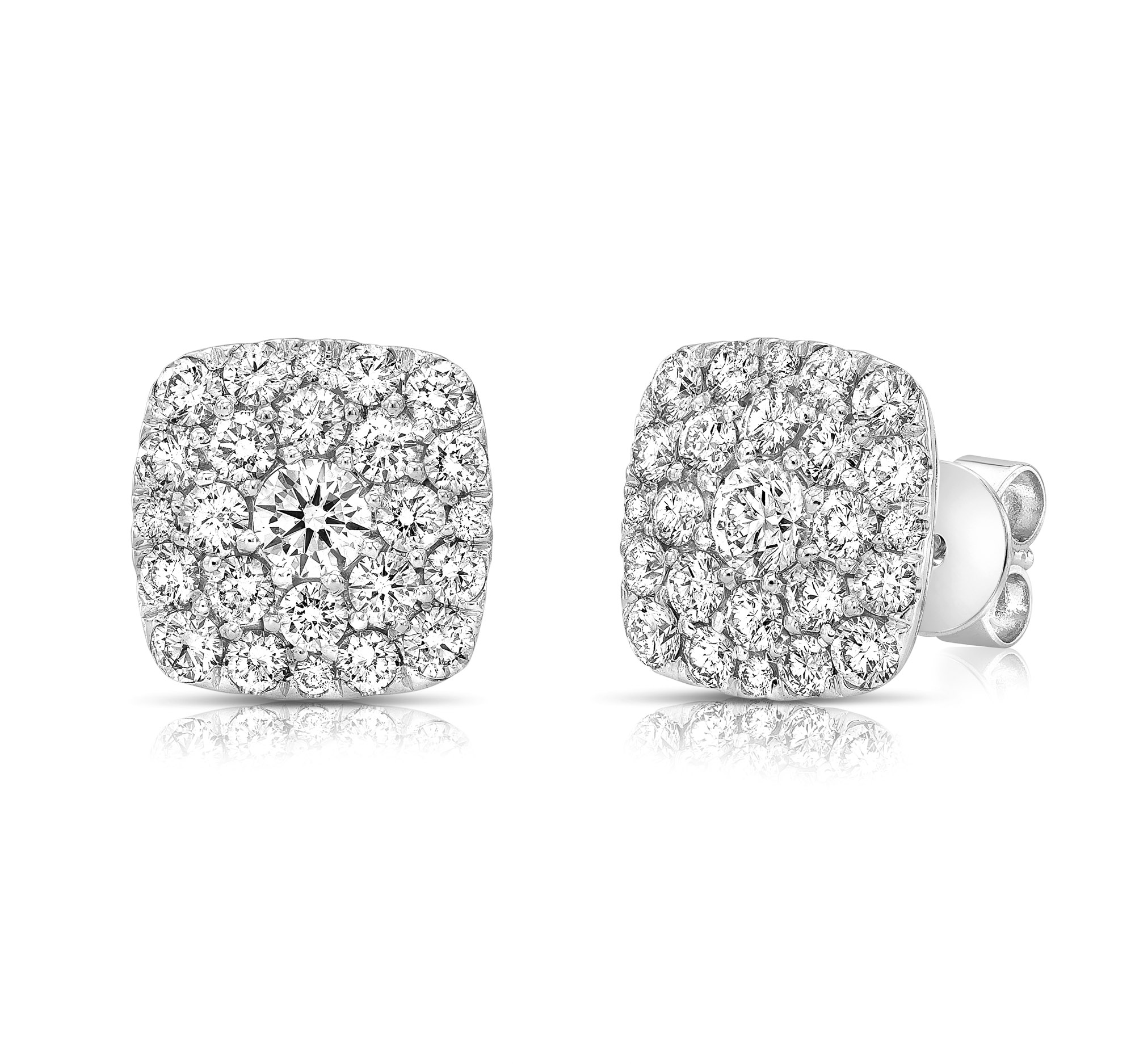 White Gold Cushion Halo Cluster Stud Earrings l 1 3/4ctw