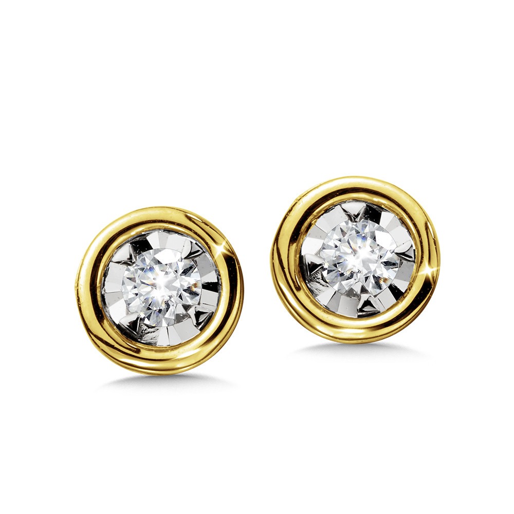 Bezel-Set 1/7ctw Diamond Yellow and White Gold Stud Earrings
