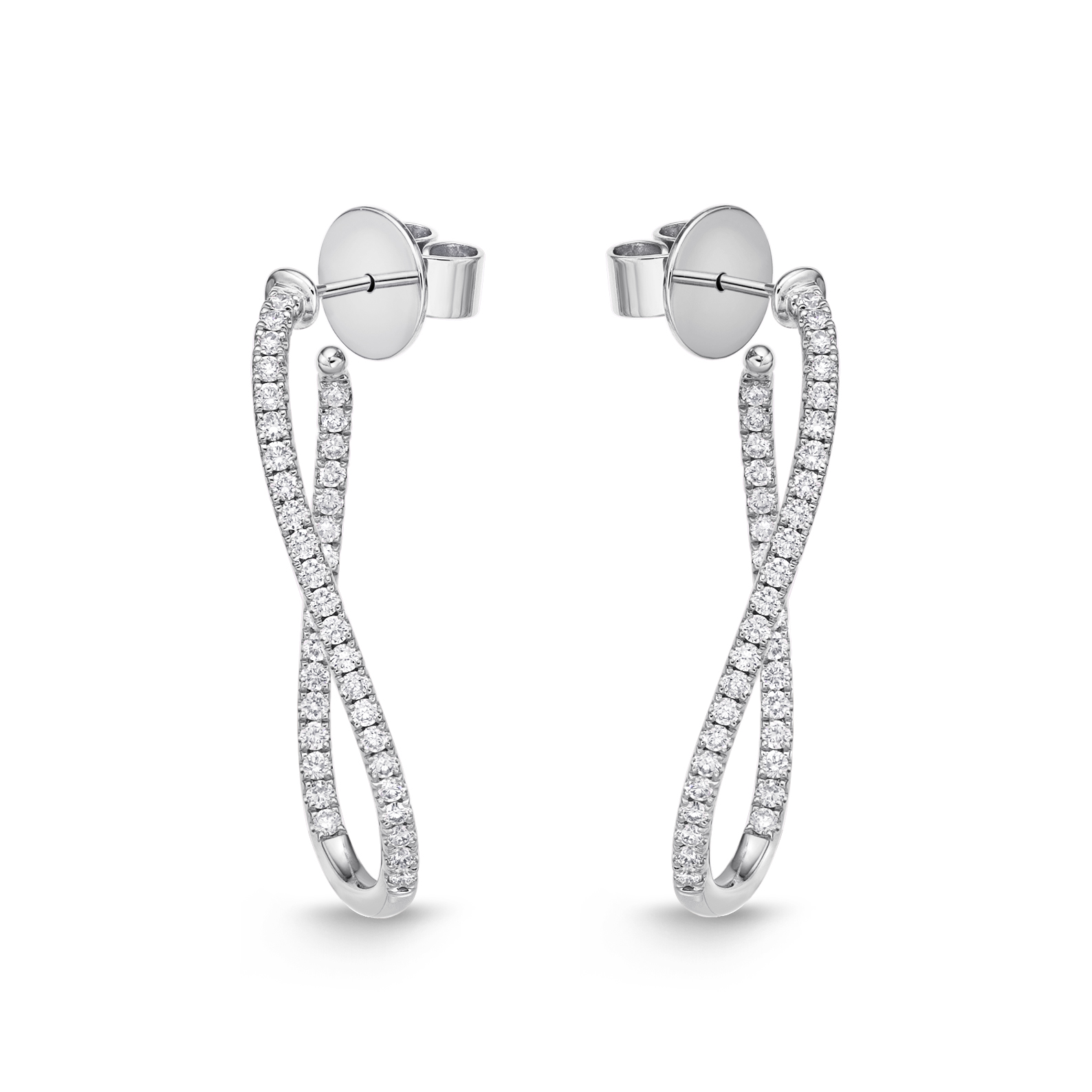 White Gold 1 1/2ctw Diamond Twist Shared Prong Hoop Earrings l MEMOIRE