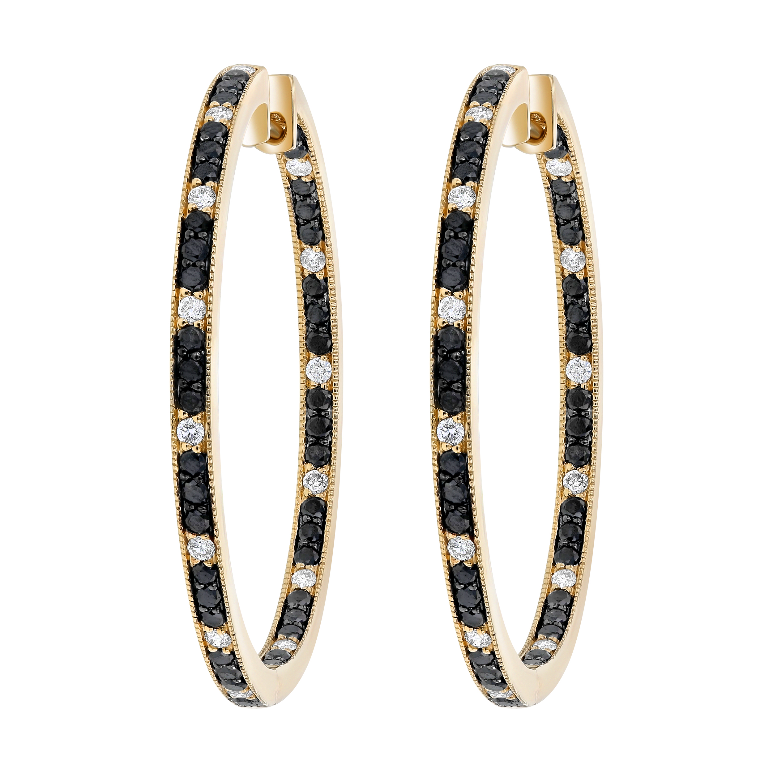 Yellow Gold 2ctw Black and White Diamond Hoop Earrings