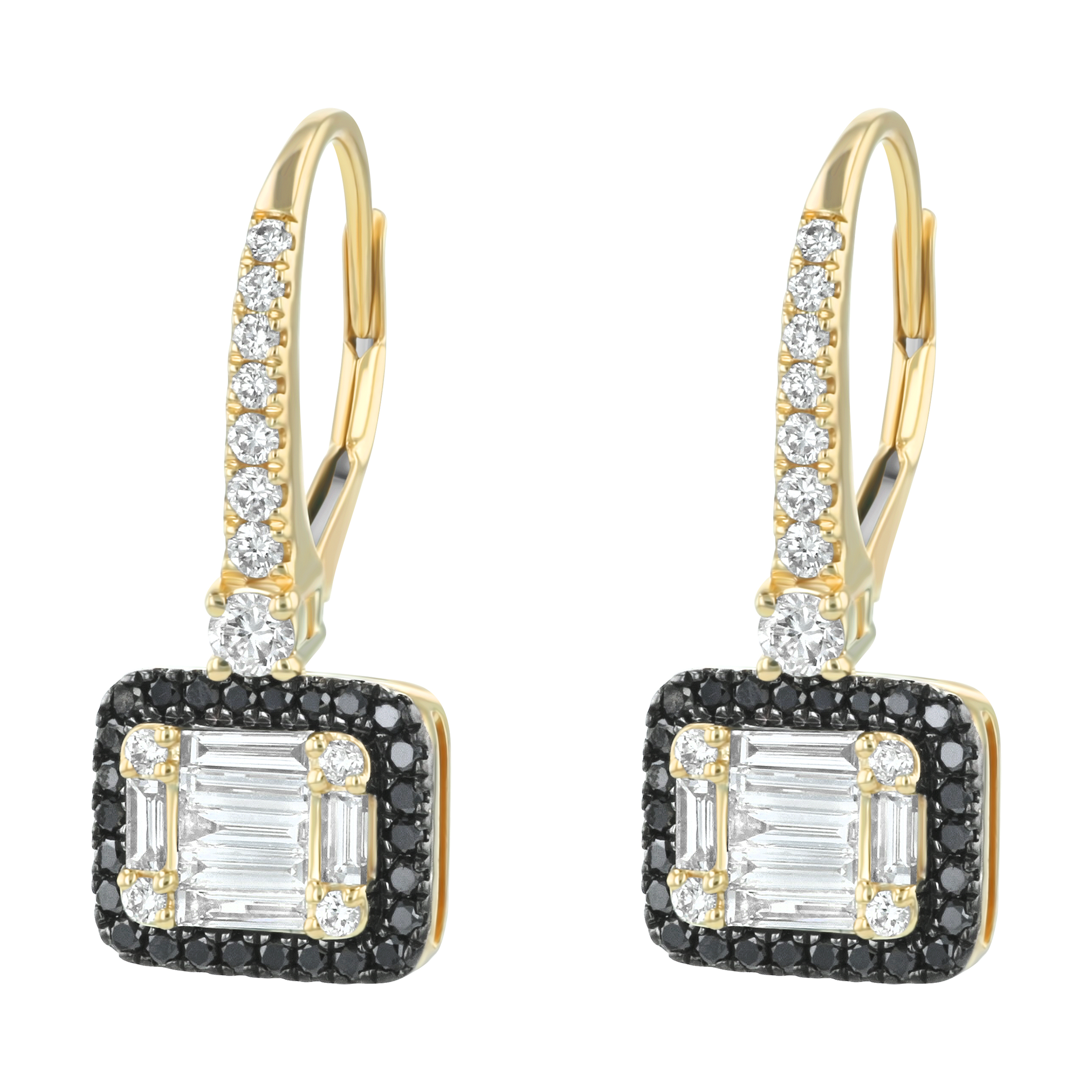 Yellow Gold White and Black Diamond Square Drop Earrings