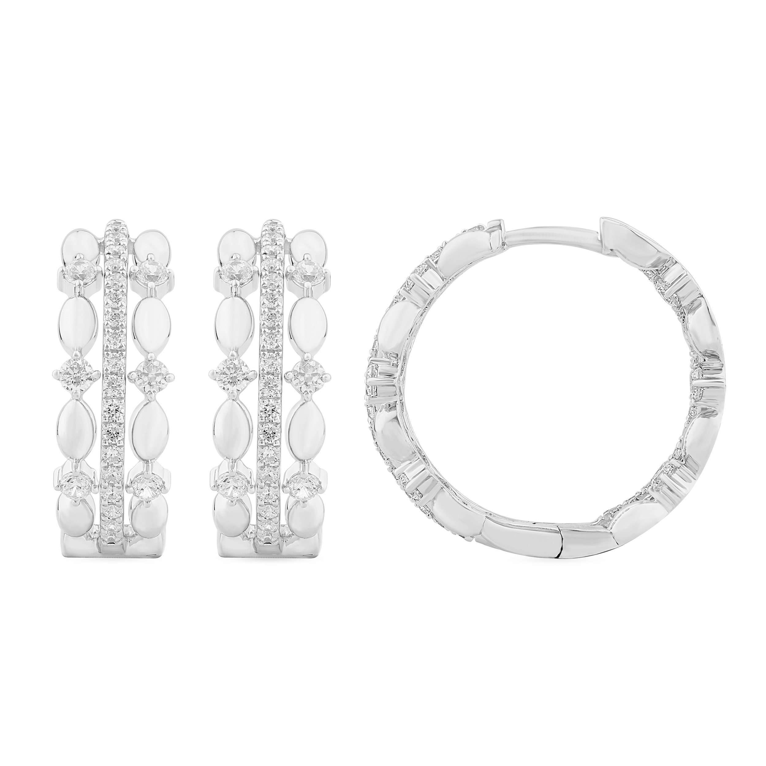 White Gold and Diamond Bead Hoop Earrings