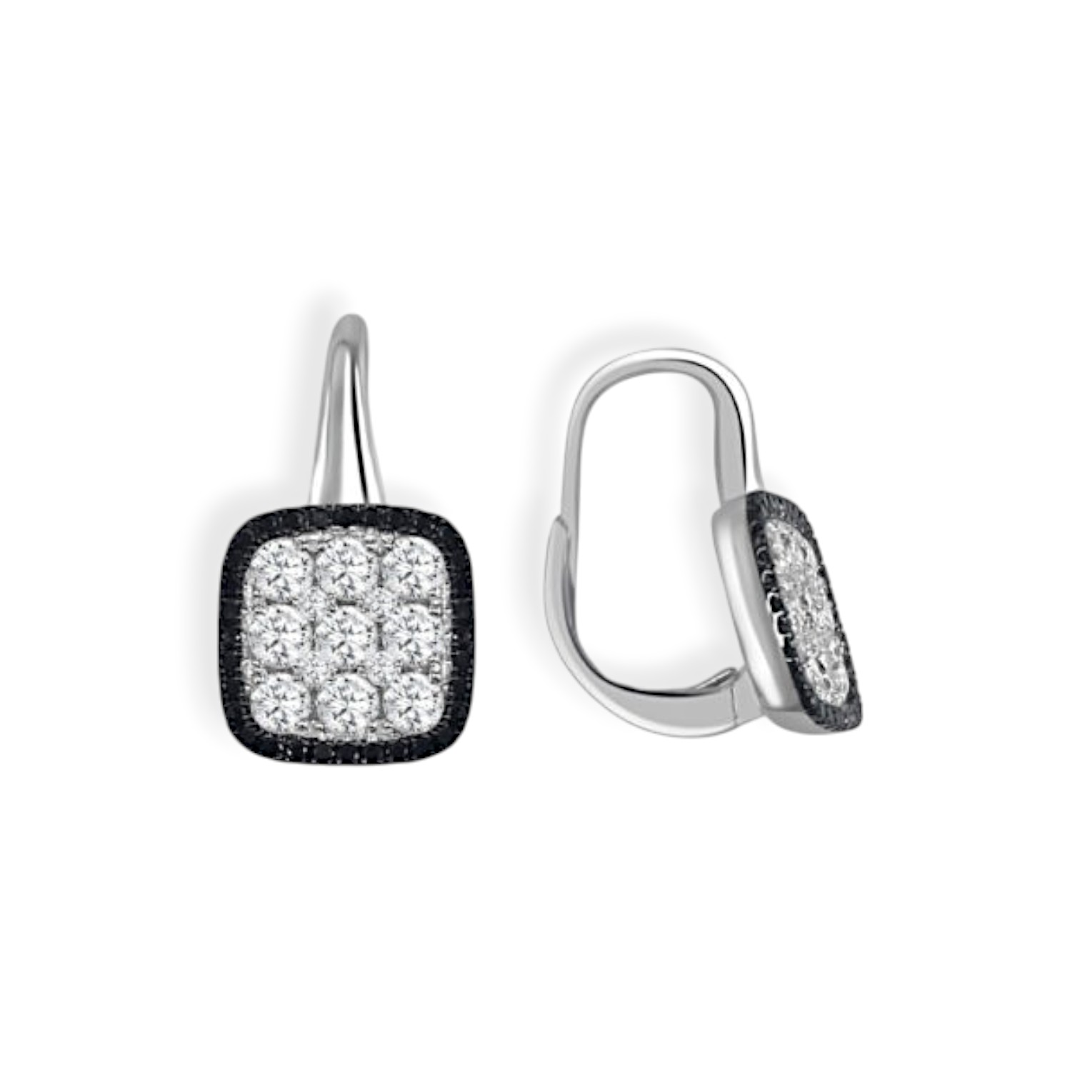 White Gold 1ctw Black and White Diamond Cluster Cushion-Shaped Drop Earrings