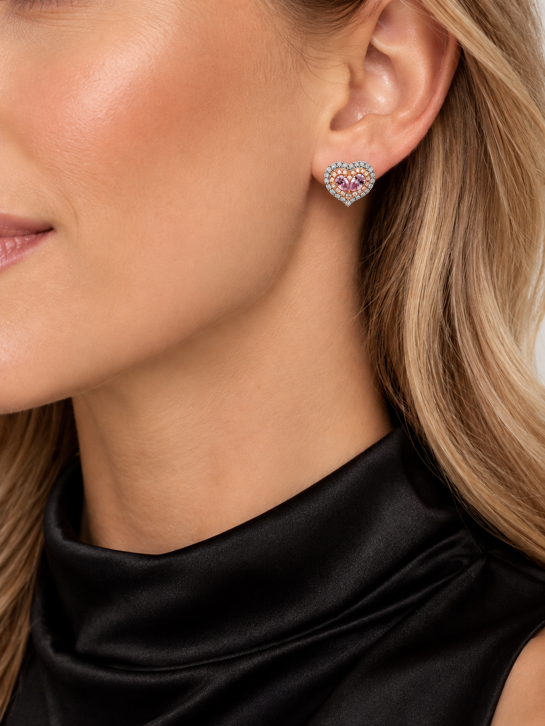 Pink & White 3/4ctw Diamond Heart Stud Earrings in 18k White Gold