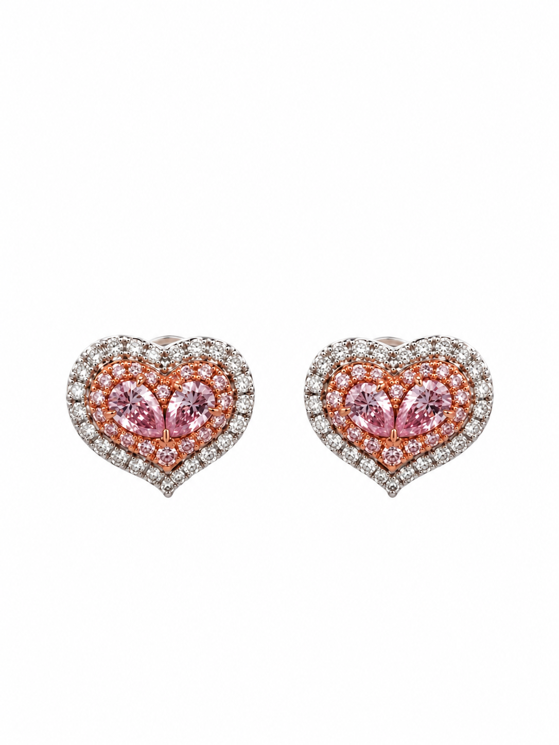 Pink & White 3/4ctw Diamond Heart Stud Earrings in 18k White Gold