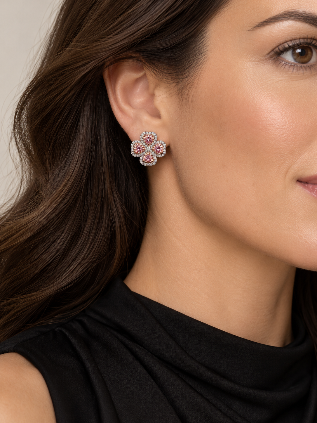 Pink & White Diamond Four-Petal Flower Earrings