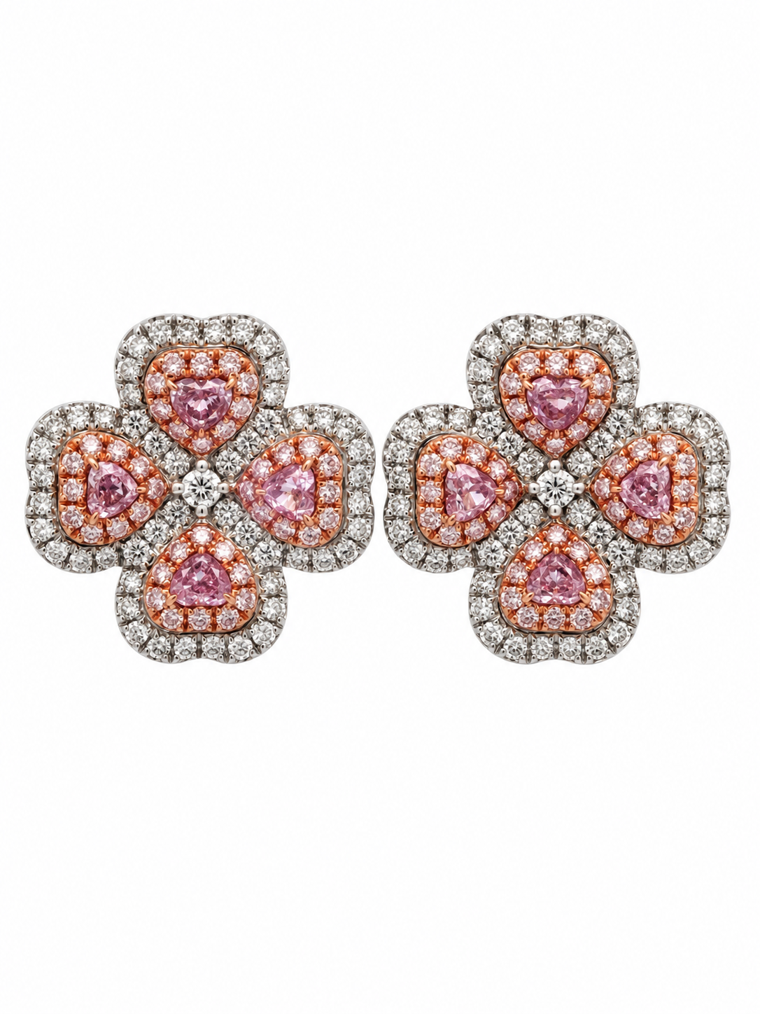 Pink & White Diamond Four-Petal Flower Earrings