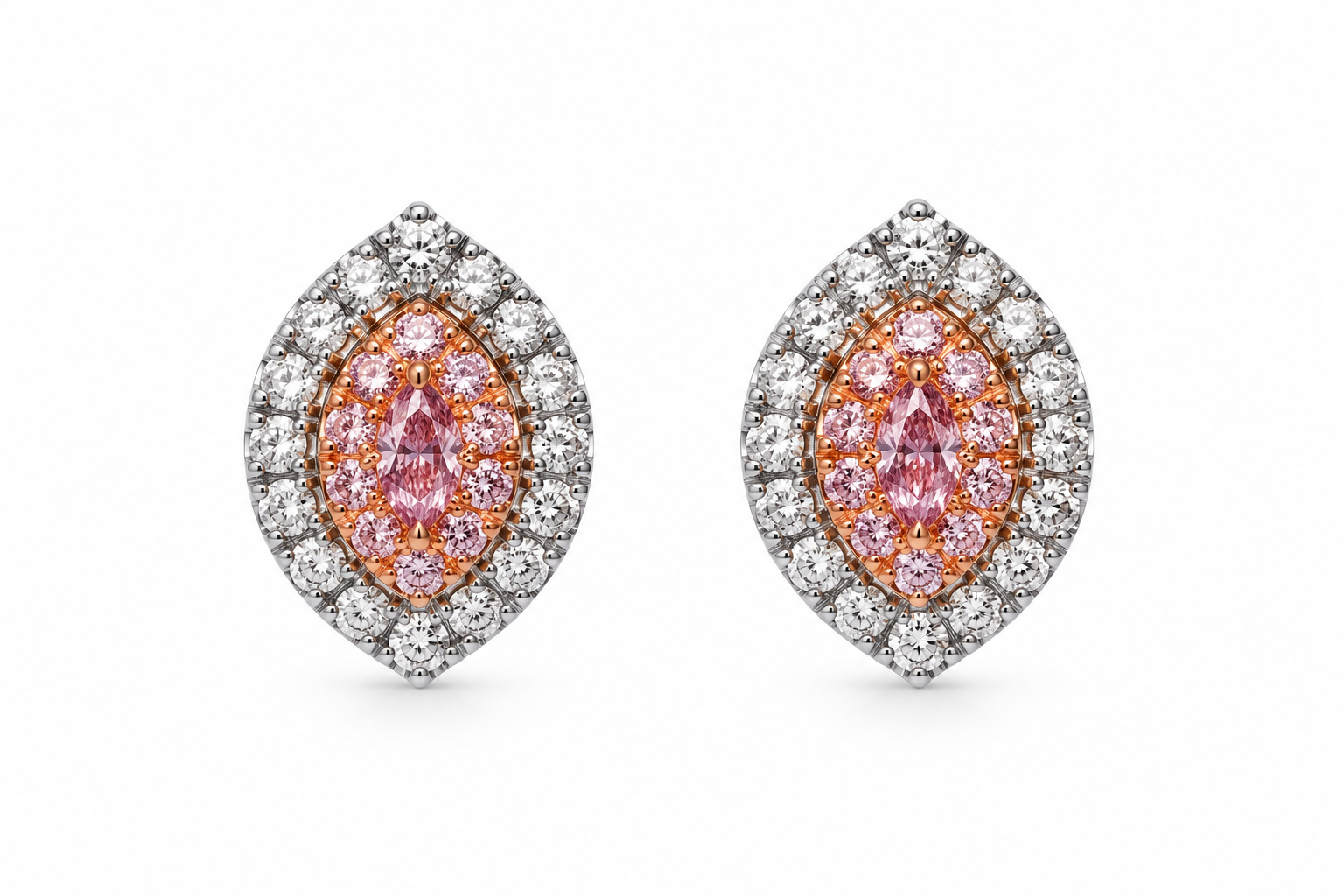 Pink & White 1/2ctw Diamond Marquise-shaped Stud Earrings in 18k White Gold