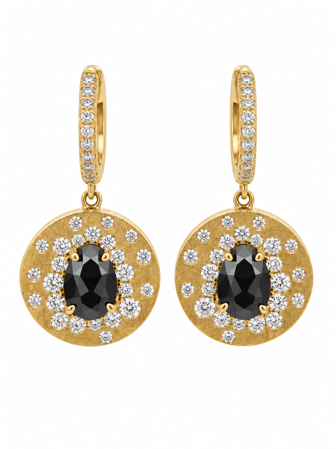 14K Yellow Gold Black Diamond & White Diamond Medallion Drop Earrings