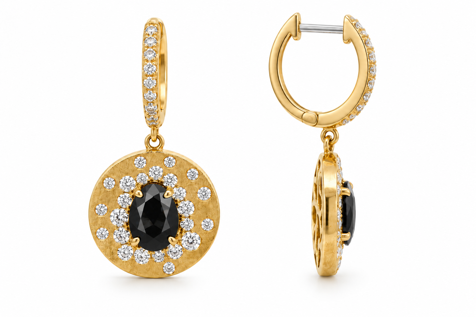 14K Yellow Gold Black Diamond & White Diamond Medallion Drop Earrings
