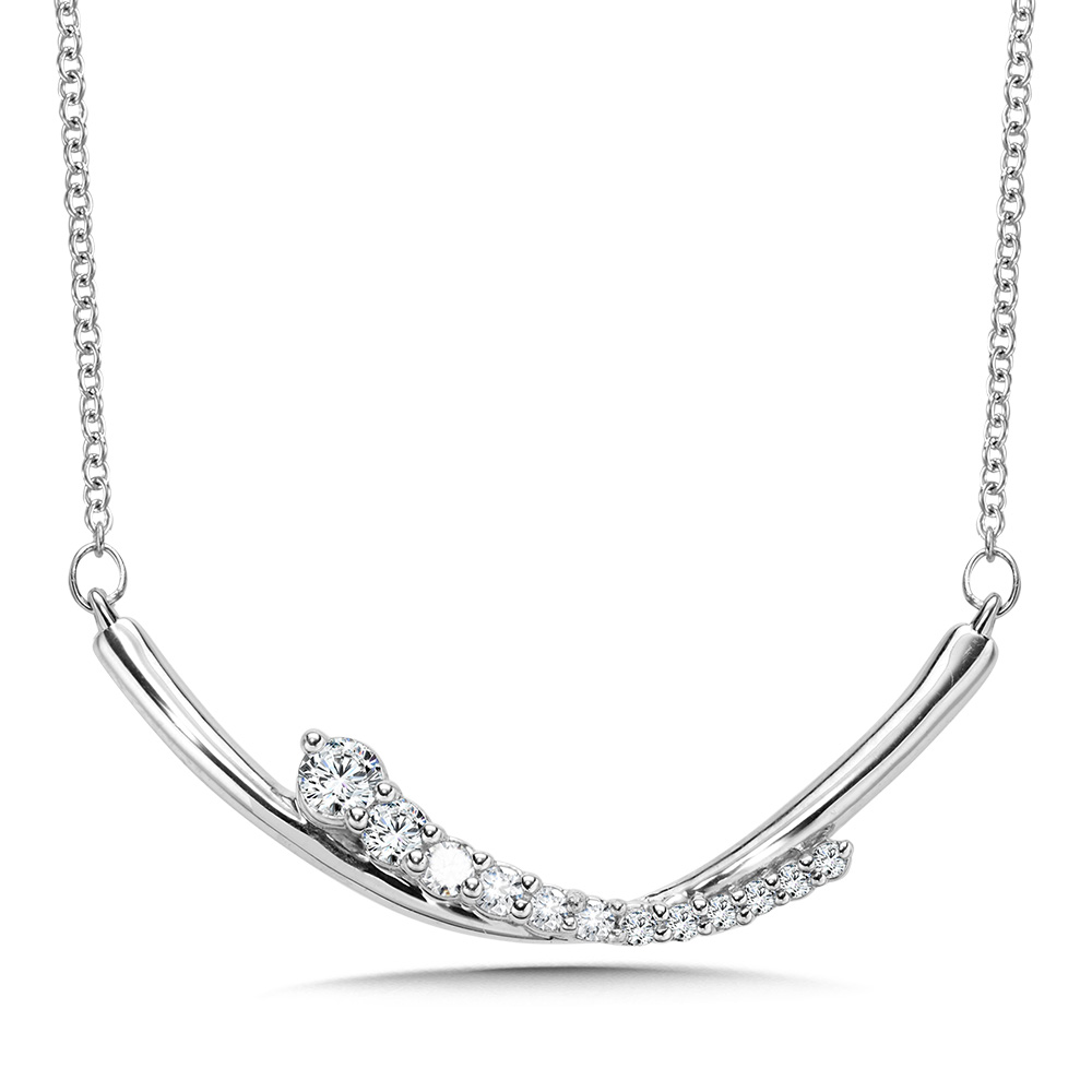 White Gold 1/3ctw Curved Graduating Diamond Bar Pendant Necklace