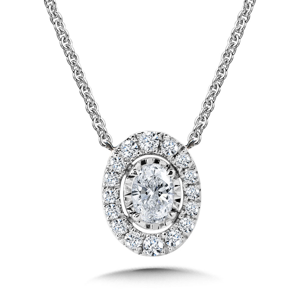 White Gold 1/3ctw Oval cut Diamond Halo Pendant Necklace