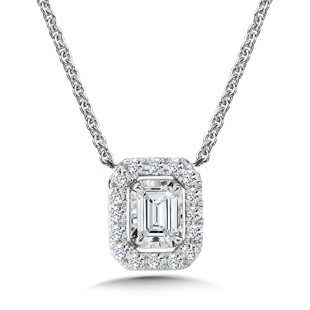 White Gold 1/3ctw Emerald cut Diamond Halo Pendant Necklace