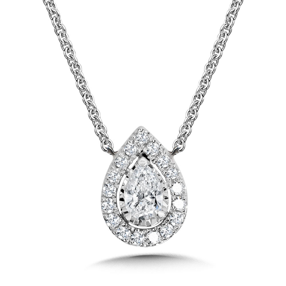 White Gold 1/3ctw Diamond Pear-Shape Halo Pendant Necklace