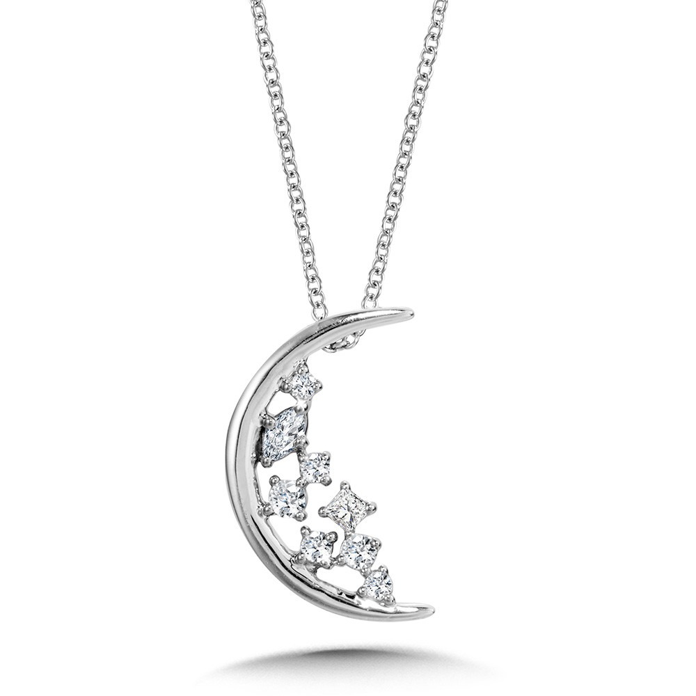 White Gold 1/5ctw Diamond Crescent Moon Constellation Pendant Necklace