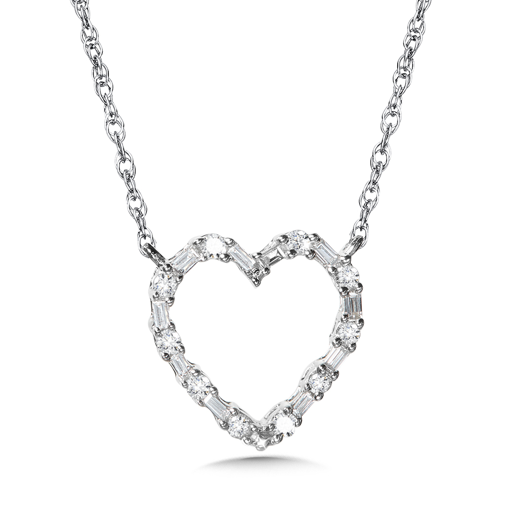 White Gold 1/10ctw Baguette and Round Diamond Heart Pendant Necklace