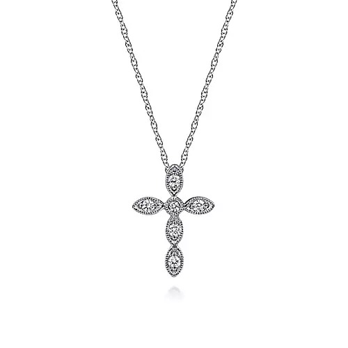 White Gold Marquise Shaped Natural Diamond Cross Necklace