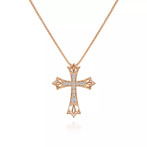 Rose Gold 3/20ctw Diamond Intricate Openwork Cross Pendant Necklace