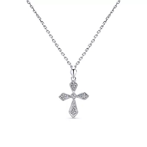 White Gold 1/20ctw Millgrain Diamond Cross Pendant Necklace