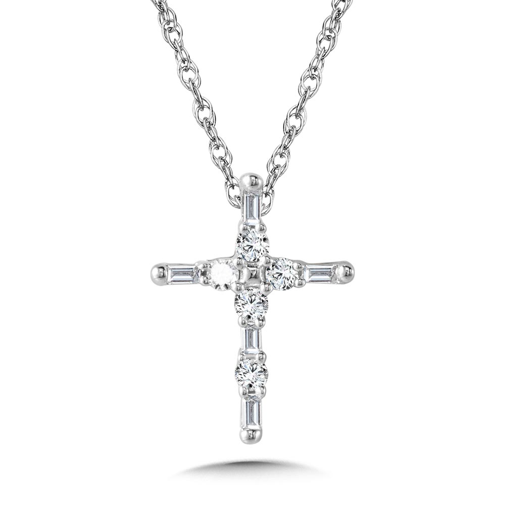White Gold 1/10ctw Baguette and Round Diamond Cross Pendant Necklace