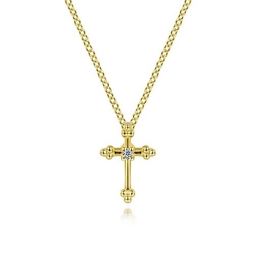 Yellow Gold Beaded Diamond Cross Pendant Necklace l 16 inches