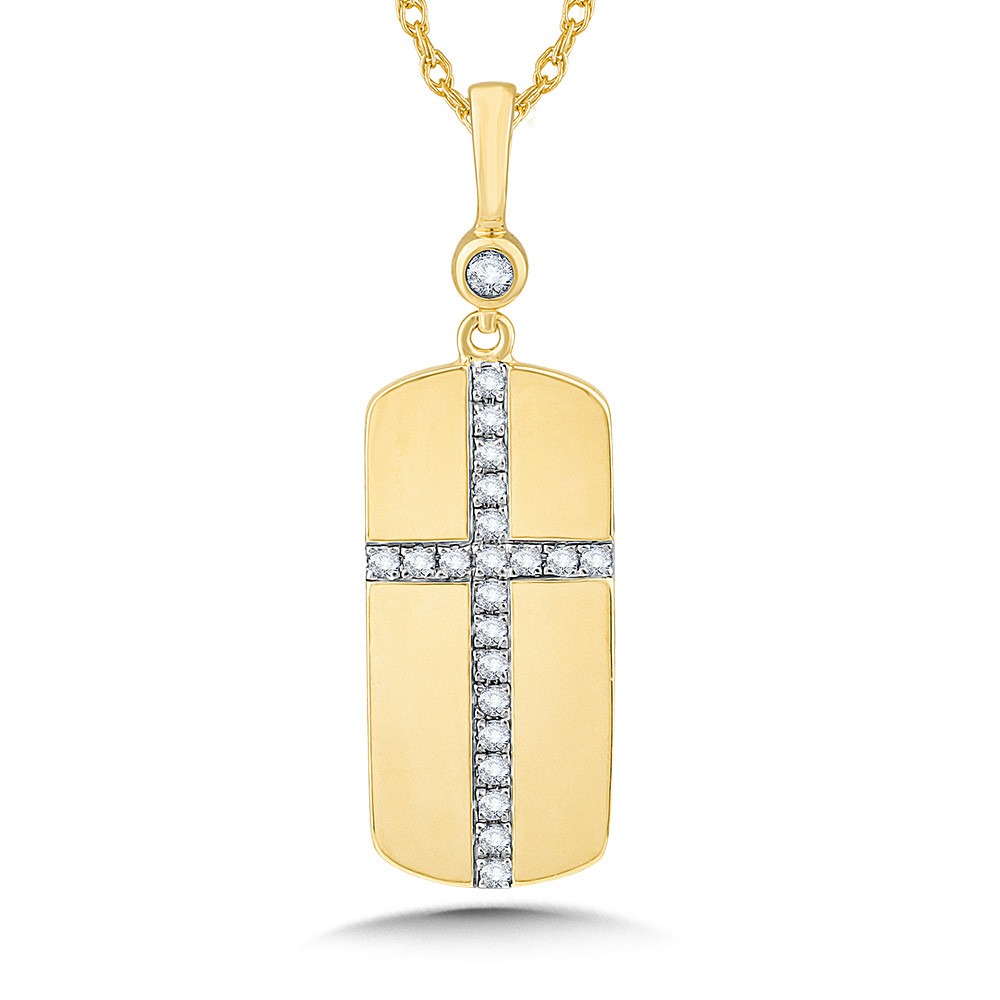 Yellow Gold 1/7ctw Diamond Cross Tag Pendant Necklace
