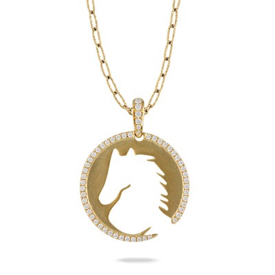 Yellow Gold 2/5ctw Diamond Equestrian Horse Medallion Pendant Necklace l DOVES