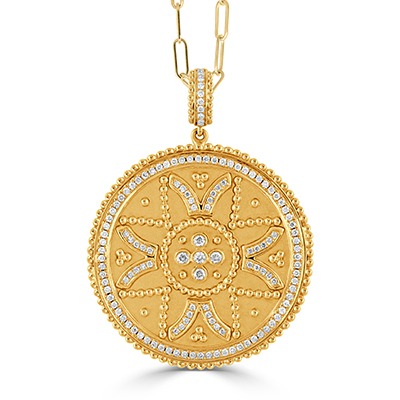 Yellow Gold 1/2ctw Diamond Byzantine Round Medallion Pendant Necklace l DOVES