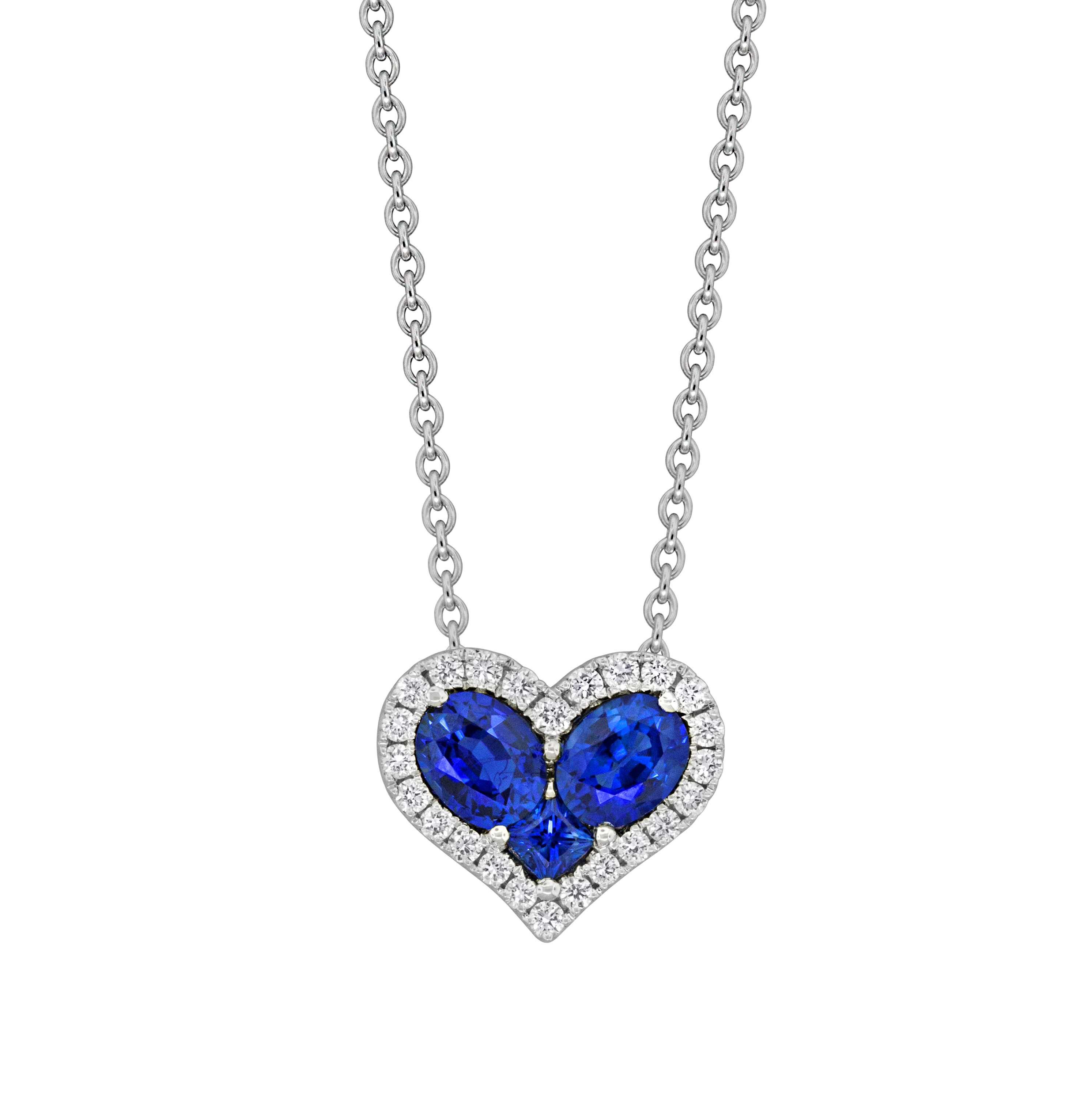 Sapphire and Diamond Heart Shaped White Gold Pendant Necklace