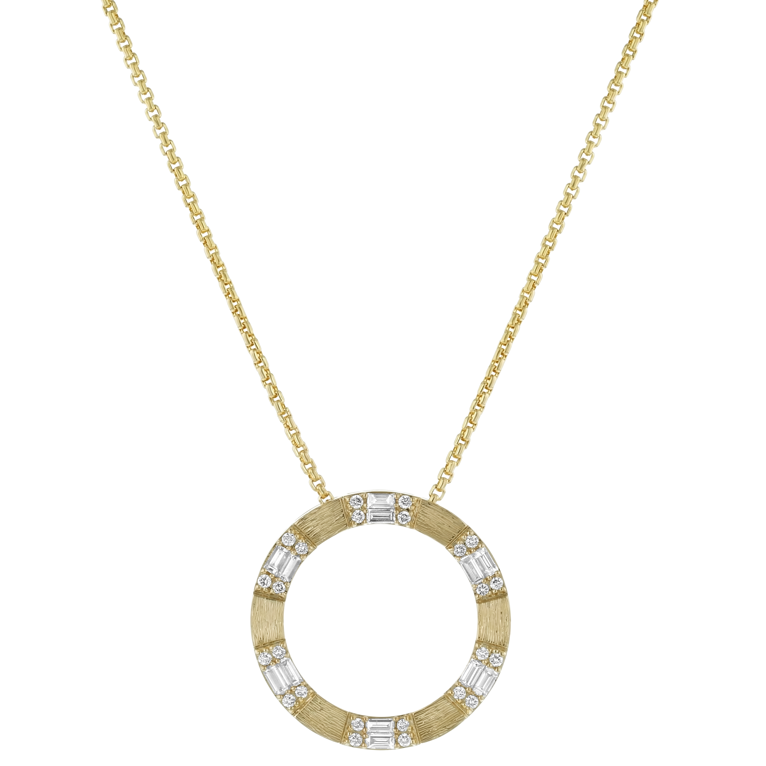 Yellow Gold Baguette and Round Diamond Circle Pendant Necklace