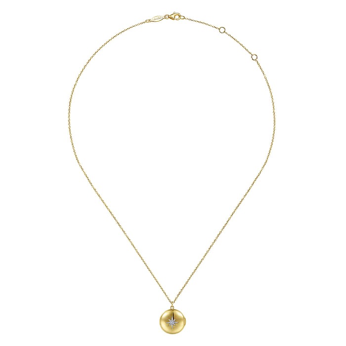 Yellow Gold Round Locket Pendant Necklace with Diamond Star Center