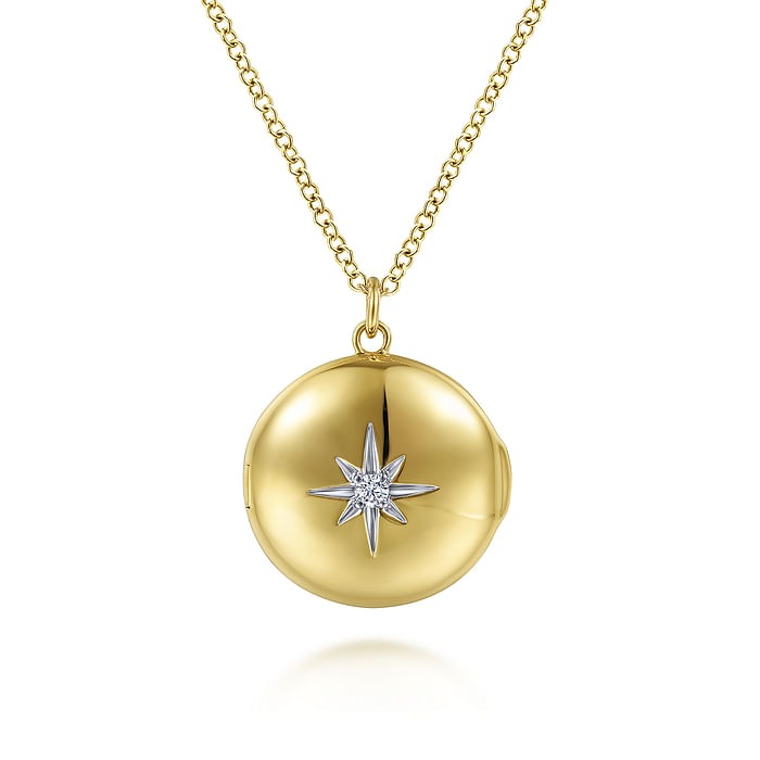 Yellow Gold Round Locket Pendant Necklace with Diamond Star Center