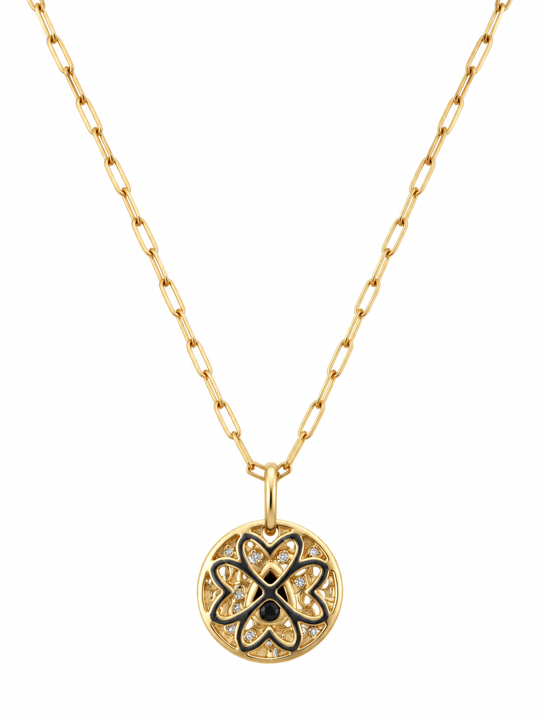 14K Yellow Gold Black Diamond & White Diamond Medallion Pendant Necklace l 18 inches