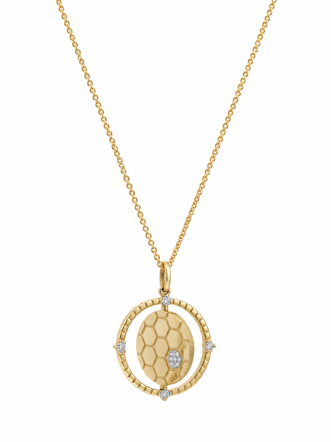 Reversible Diamond Bee & Honeycomb Yellow Gold Medallion Pendant Necklace l 18 inches
