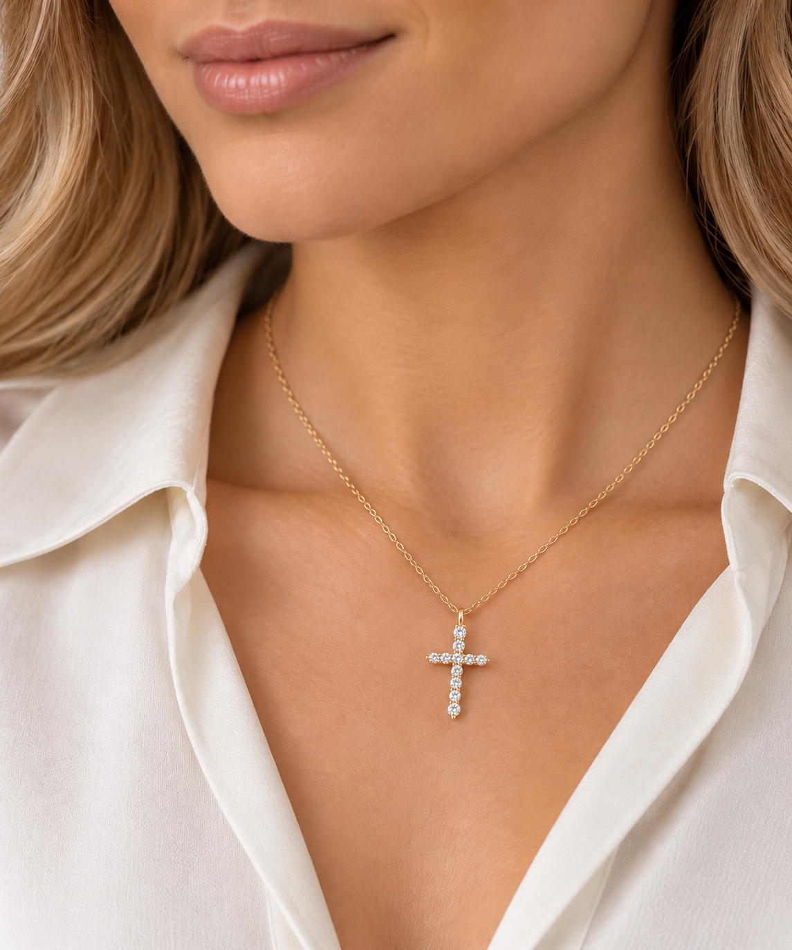 1ctw Natural Diamond Cross Necklace in 14K Yellow Gold l 18 inches