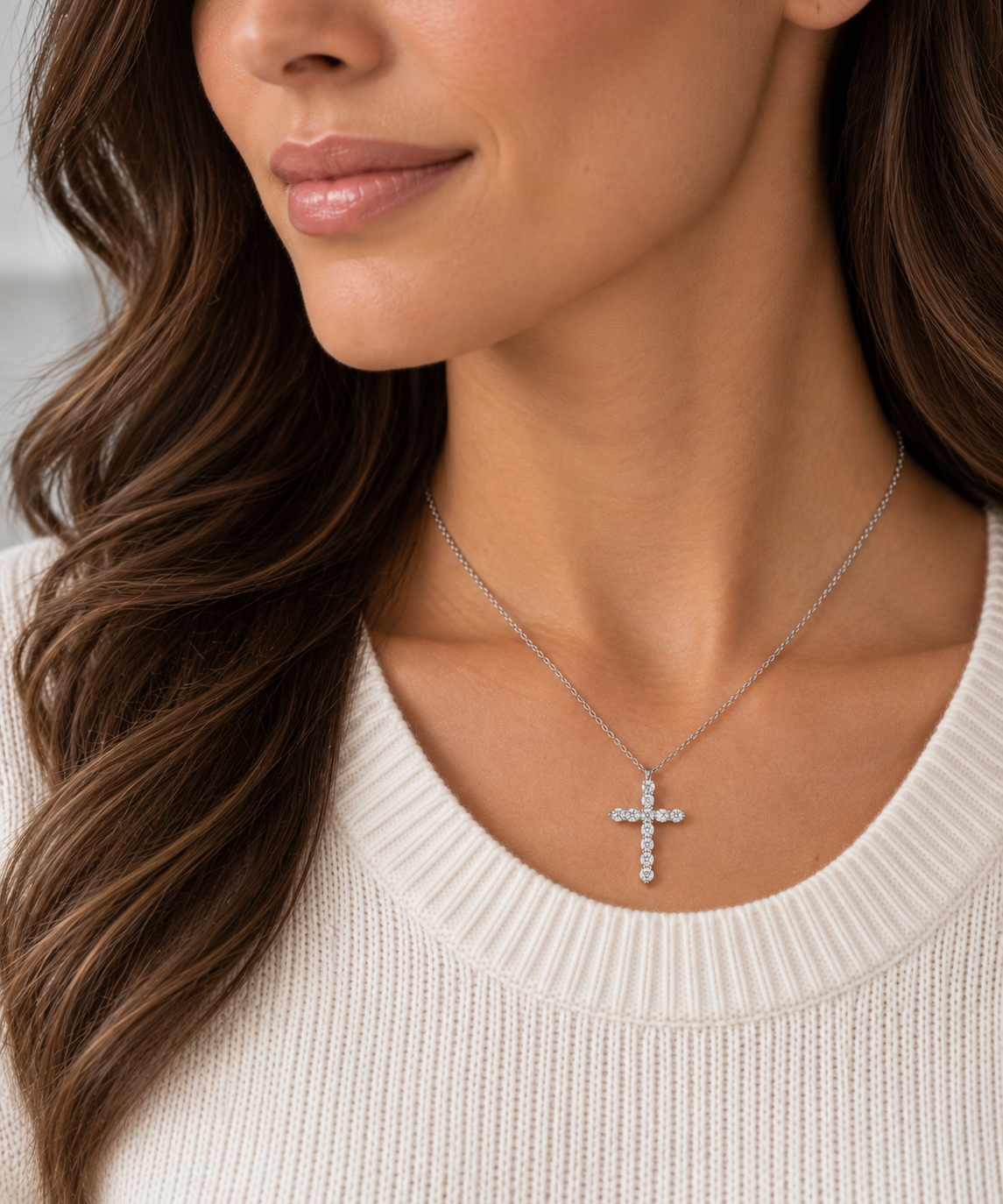 1ctw Natural Diamond Cross Necklace in 14K White Gold l 18 inches
