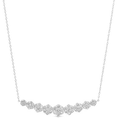 14K White Gold Graduated 9 Stone Flower Cluster Diamond Necklace Large 1.50 TCW