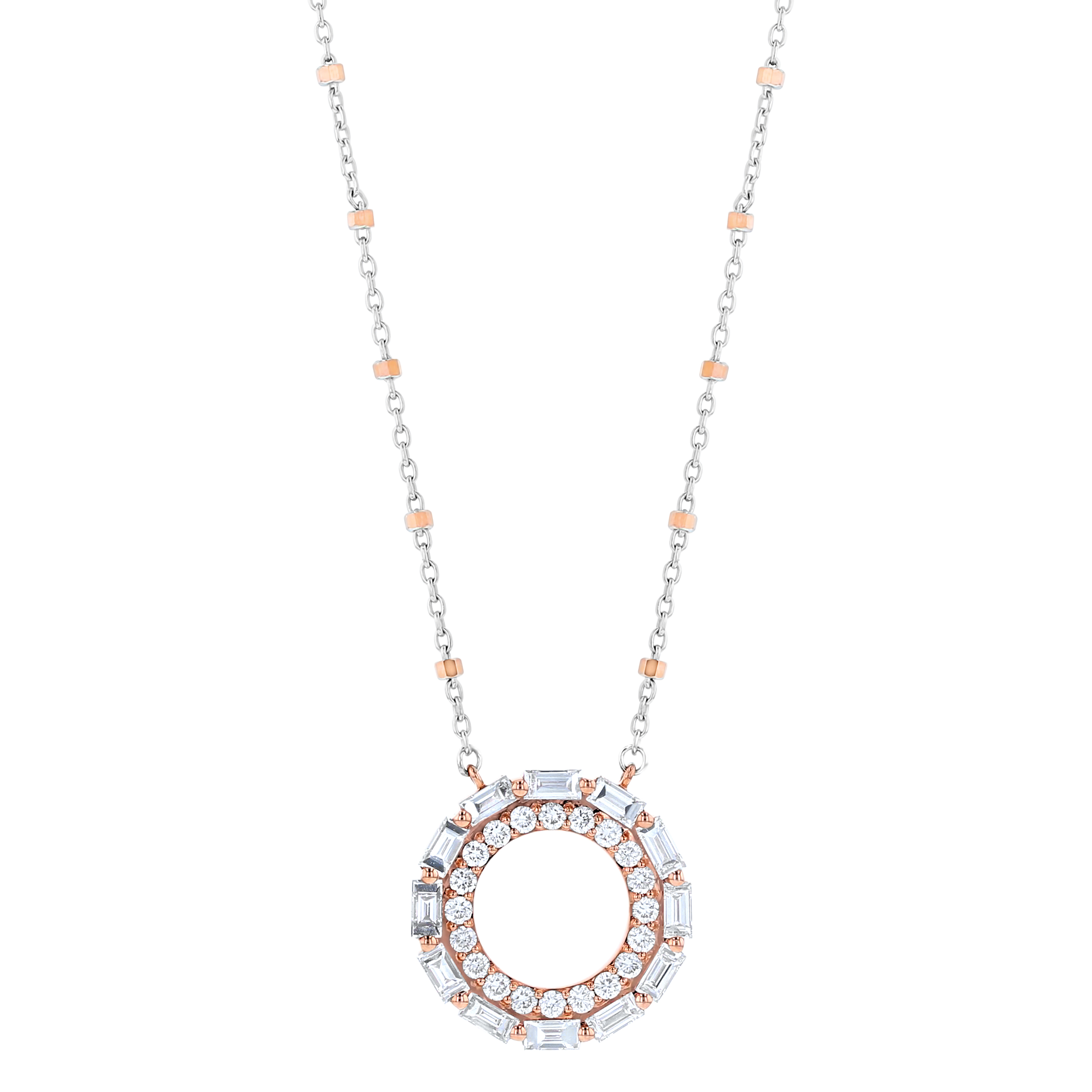 1ctw Diamond Baguette and Round Circle in Rose and White Gold Pendant Necklace